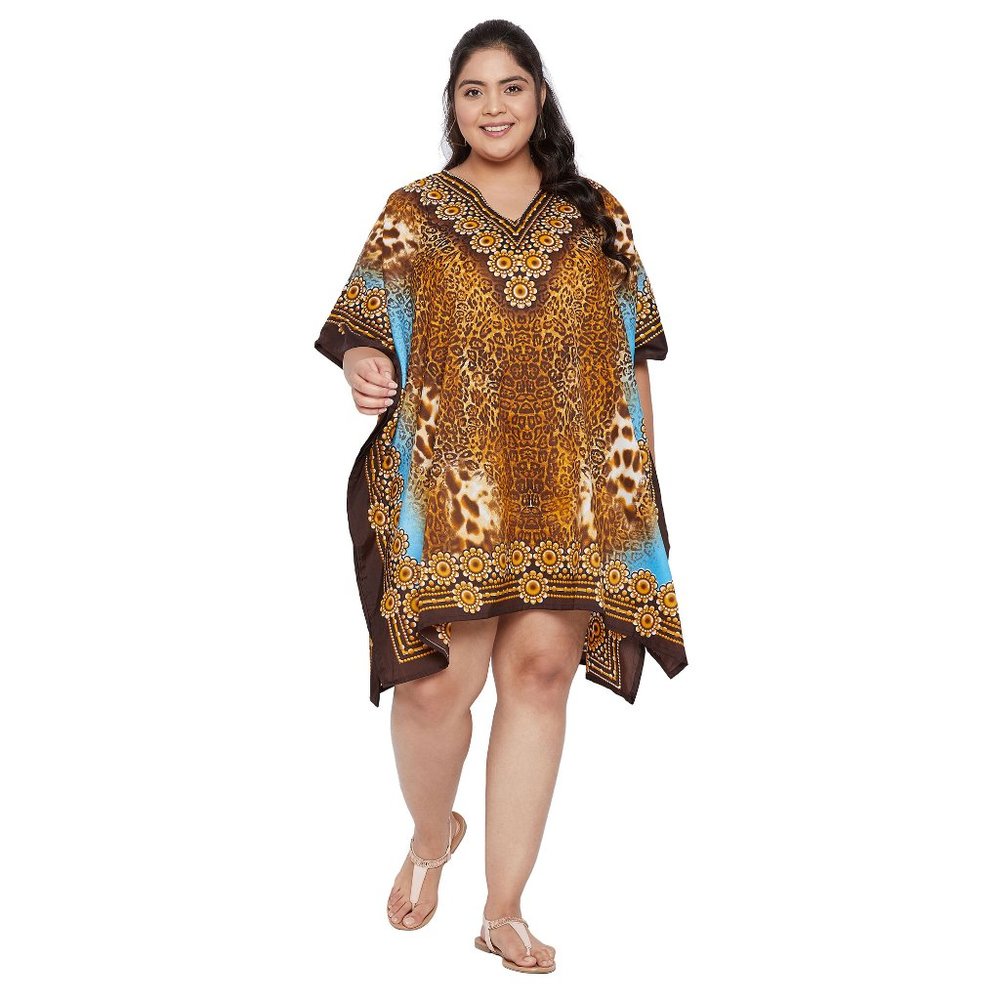 Gypsie Blu Brown Leopard Print Summer Wear with Kimono Sleeves Beach Mini Dress